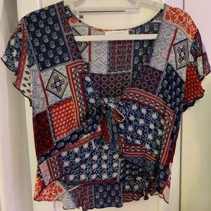 Patchwork Printed Tie Front Top